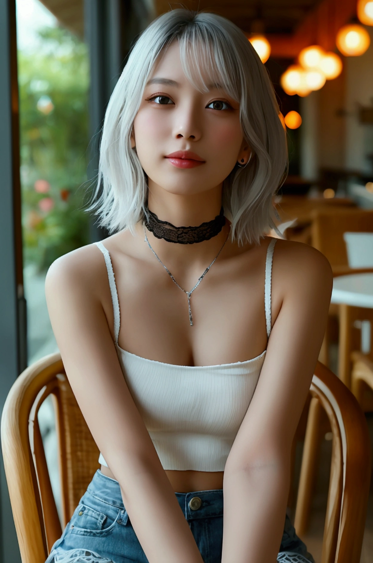 (8k, Realistic, RAW Photos, Highest quality: 1.4, detailed),A Japanese idol-like beautiful girl,1 person,18-year-old,(Short Bob),(Silver Hair :1.1),She has her hair tucked behind her ears,Large, clear gray eyes,Long eyelashes,(piercings(small)),(Lip gloss),lips(Plump,glossy),Skin that is as white and smooth as translucent porcelain,thin long neck,(A thick lace choker),Breast of beautiful shape,thin abdomen,A taut waist,Upward hips,Tube top(Knitted fabric),Denim shorts,shoes,A cafe terrace overlooking the sea,Sitting on a rattan chair with her legs crossed,Looking at the camera and smiling gently,Front view,Full body portrait