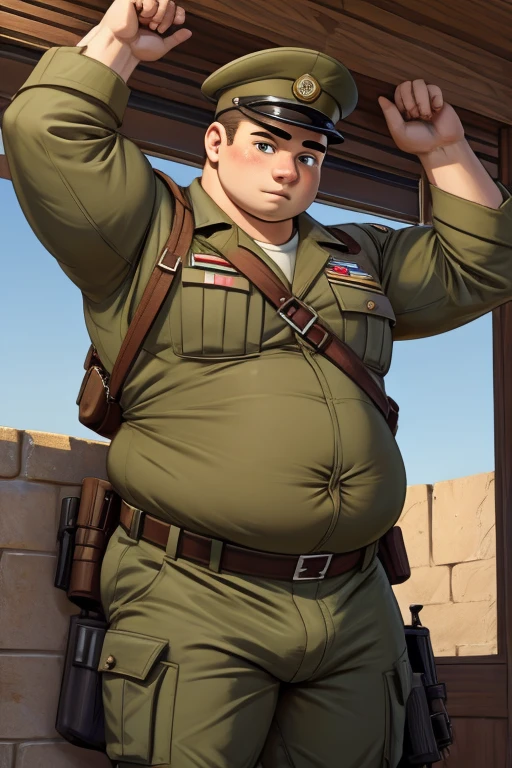 **** boy, 18 yo, extremely fat, soldier, in military uniform, tight clothing