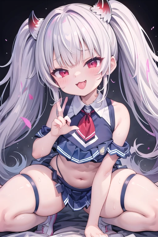 solo,cheerleader with Cheerleader's pom-poms ,wearing a school uniform, Whole body、(looking back over their shoulder), Young face、long silver Hair、long Twin tails、Spoiled brat、Immature body、（Small breasts）、smile、Sweat、（Thick thighs:1.5)、（little demon horns and tail）、red  eyes、Backwards、looking at viewer、Open mouth、double teeth、fang、blushing and sticking out her cute tongue, tongue out、sensational、Back view, Character portrait, spread eagle position、M-shaped leg spread、