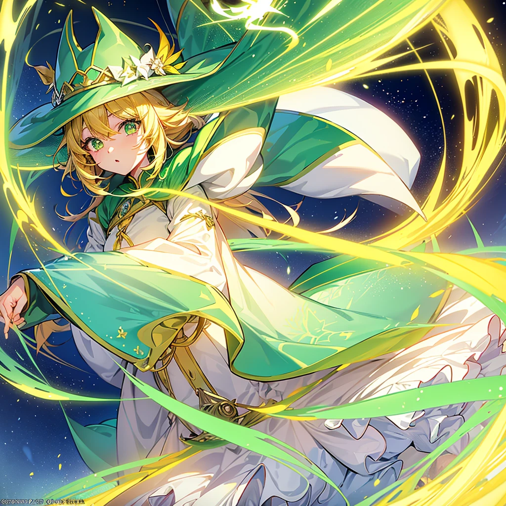 1girl、Dynamic composition、Yellow-green laser、(((Best Quality、Masterpiece、Official Art、Anime Style、The best dynamic composition、超detailed)))、Shine Muscat personification，Yellow-green hunting hat and coat，Light soft color coat and hat，Super huge、detailed、whole body、The finest details、