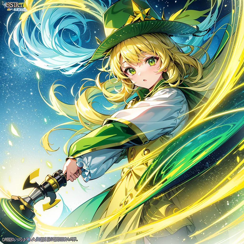 1girl、Dynamic composition、Yellow-green laser、(((Best Quality、Masterpiece、Official Art、Anime Style、The best dynamic composition、超detailed)))、Shine Muscat personification，Yellow-green hunting hat and coat，Light soft color coat and hat，Super huge、detailed、whole body、The finest details、