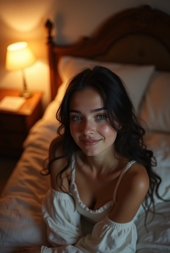 Eighteen year old, 18, youthful, young girl, skinny, slim, pale skin, white skin, naked, nude, short height, tiny body, blue eyes, pale eyes, looking at camera, smiling, laid on back, bedroom, Birds Eye view, camera looking down on her, late night, nighttime, warm light, lamp, headboard, topless, horny, smiling, in love, arms above head, dark hair