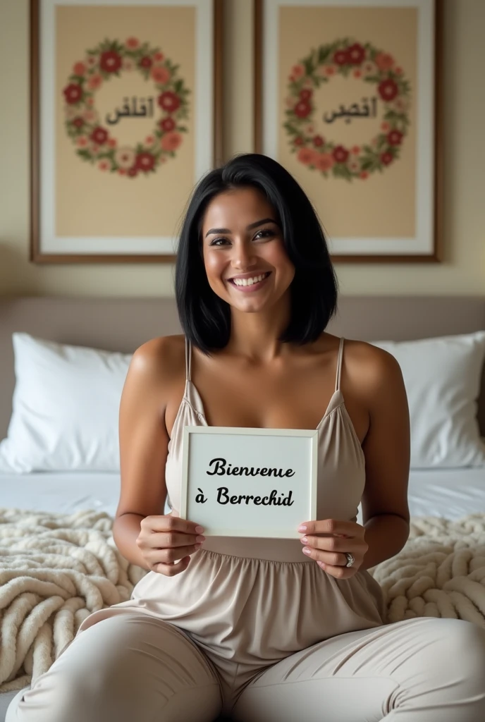 Une femme brune. Les cheveux raides, écartés ou assez écartés du cou, pas longs, de couleurs noirs. Une femme un peu volumineuse par sa forme physique. Assise dans une grande chambre d'hôtel, sur un lit de l'hôtel, souriante, la tête droite, le regard droit fixé vers l'avant, portant dans ses mains une grande photo qu'elle montre bien vers l'avant de sorte que la photo qu'elle montre soit un peu décollée de sa poitrine et derrière elle, accroché sur le mur, un tableau avec 2 écritures sur le tableau. L'une qui dit en langue arabe : Bienvenue à Berrechid et la deuxième en langue française qui dit : Bienvenue à Berrechid.