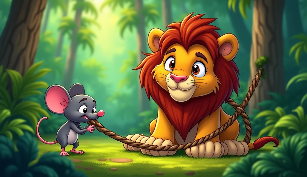 A vibrant cartoon scene in a lush jungle where a large, wide-eyed lion is caught in a thick, tangled net, looking both surprised and concerned. In front of the lion, a small, determined mouse is actively chewing through the ropes of the net, trying to free the lion. The background is filled with green foliage and dappled sunlight filtering through the trees, creating a warm and lively atmosphere. The expressions on the characters’ faces capture the tension and the growing bond between the two unlikely friends.