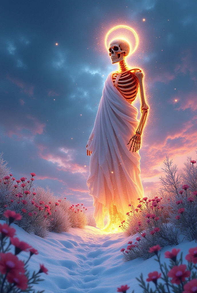 (photorealism:1.2), burning skeleton, wearing white toga, with halo aureola, with third eye, in the snow, psychedelic sky, flower in background, levitating, realistic, intricate details, bright colors.