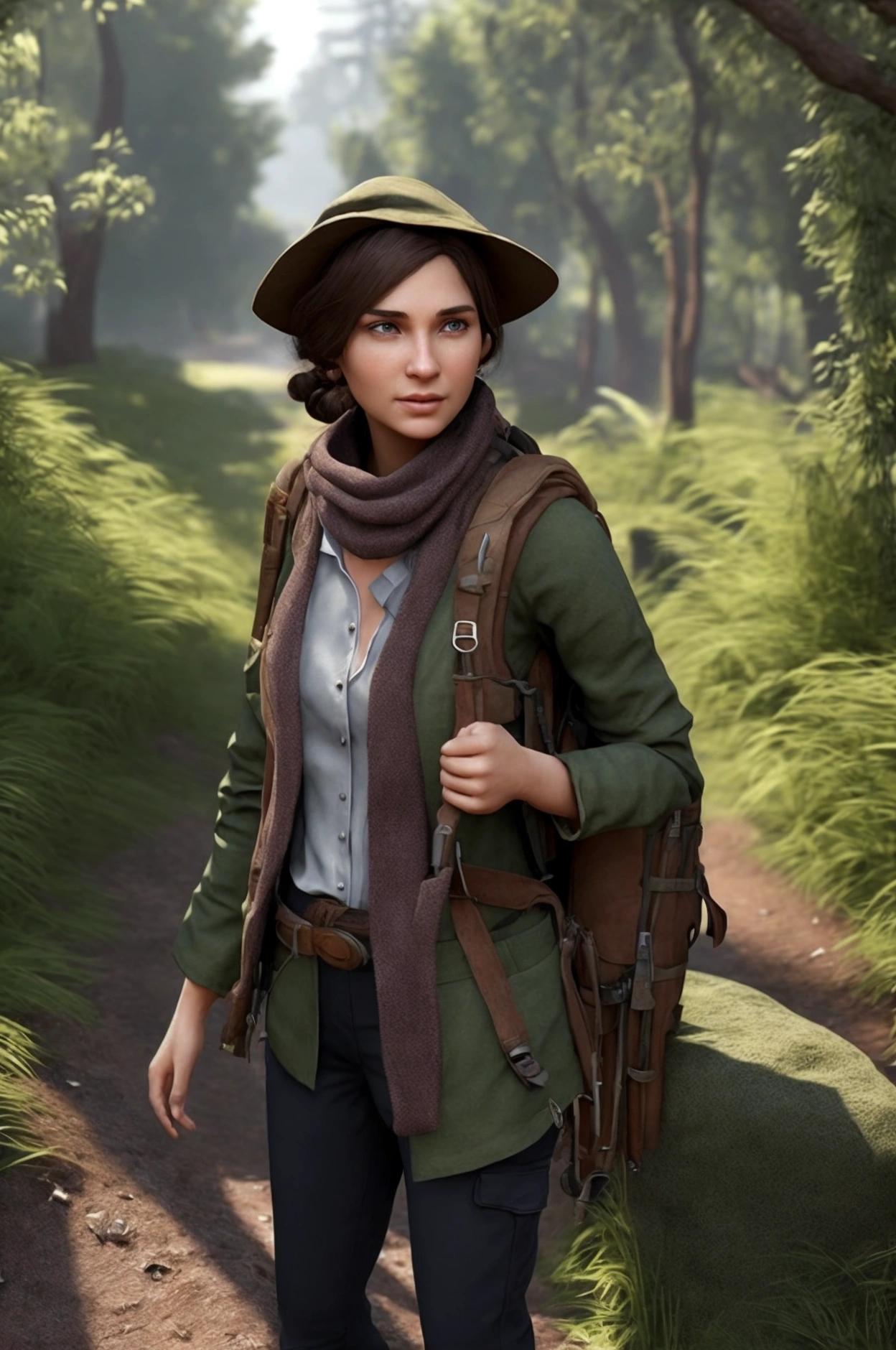 "Create a 3D Pixar-style image of a woman named Dr. Clara Müller, a historian and expert in local cultures, exploring an abandoned village in Germany's Black Forest.
- **Appearance:**
- **Age:** A young adult (in her twenties or early thirties).
- **Face:** Serious and focused expression, with fine features and a determined attitude.
- **Hair:** Light brown, tied back in a practical ponytail for exploring.
- **Clothing:** Functional hiking outfit: a dark green waterproof jacket, grey cargo pants, and brown hiking boots. Include a sturdy backpack and a scarf or hiking hat.
- **Accessories:** A camera slung over her shoulder, a notebook held in one hand, a flashlight clipped to her belt, and a GPS in a pocket of her backpack.
- **Environment:**
- **Location:** The abandoned village, with well-maintained houses but a mysterious and slightly disheveled appearance. Tables with meals still set and personal items scattered around should be visible in the background.
- **Atmosphere:** The mood should be both intriguing and slightly eerie. The lighting should be soft, creating shadows to enhance the mystery.
- **Style:**
- **Visuals:** 3D Pixar-style, with vibrant colors and a stylized rendering. The character should be expressive, and the environment should evoke a sense of mystery and exploration."