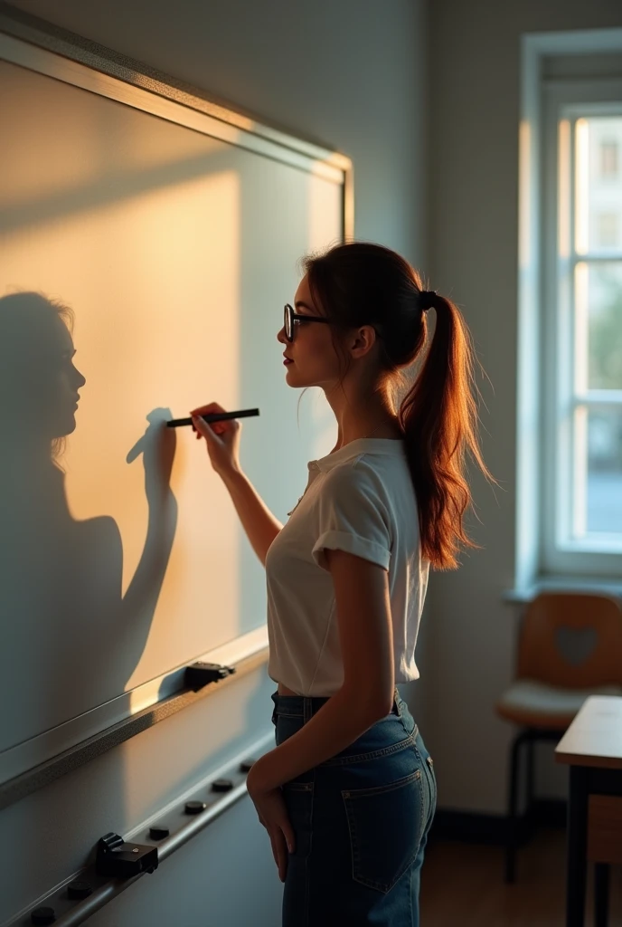 A captivating photograph of a young and stylish female teacher, captured from behind as she writes on a whiteboard. She wears a casual, tailored shirt and a pencil skirt, accentuating her hourglass figure. The side lighting illuminates her body, creating a striking guitar-like silhouette. The shadows playfully interact with her surroundings, adding depth and intrigue to the scene.