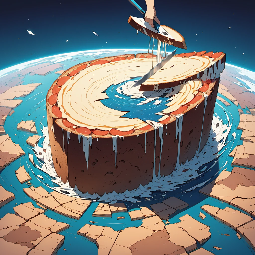 Cut the Earth vertically into slices,Slicing the Earth into thin pieces,Slice the Earth like a loaf of bread.,Illustration style