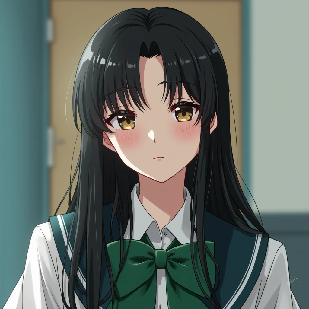 Asian
Pretty girl
Bangs are parted diagonally
High school student
High school uniform
Uniform ribbon is a large green
Selfie
Black hair　
Long hair, smooth hair, messy, high quality, high quality, live-action, natural impression, realism