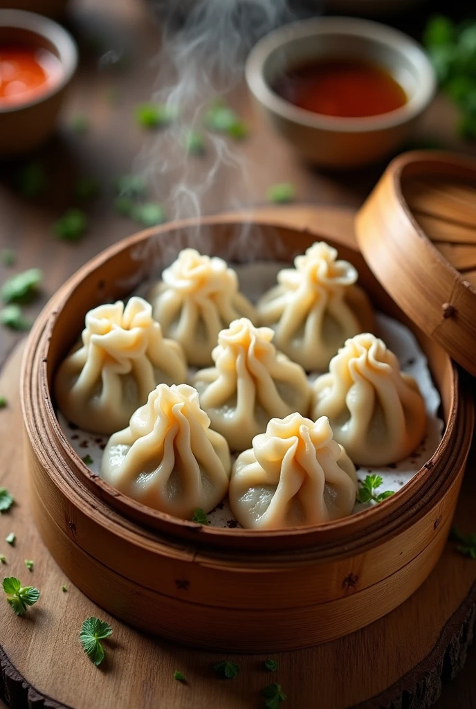 A top-down view of momos in a wooden box