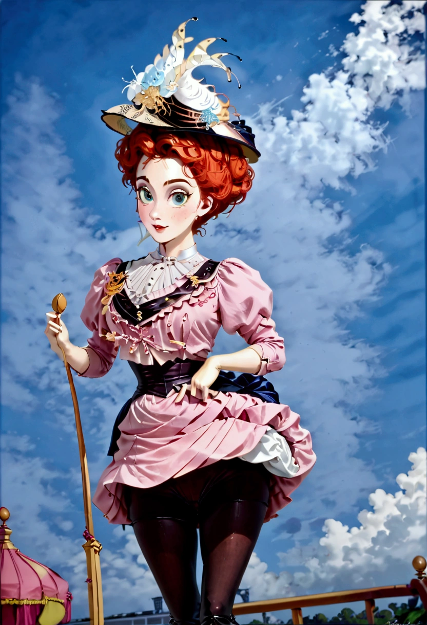 An attractive **** Southern belle. Upper-class airhead. Delicately holding a parasol. Year 1897. Pink high-collar long sleeve 1890_dr3ss. ((Wide-brimmed black hat)). Wasp waist. Bubble butt sticking out. High-waisted ruffled ((bloomers)). Petticoats. Silk stockings. Boots. Gorgeous face, porcelain skin. Full body, realistic, detailed