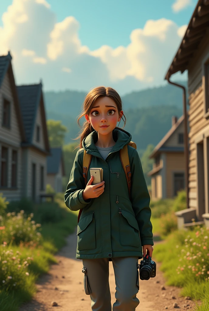 "Create a 3D Pixar-style image of a woman named Dr. Clara Müller, a historian and expert in local cultures, exploring an abandoned village in Germany's Black Forest.
- **Appearance:**
- **Age:** A young adult (in her twenties or early thirties).
- **Face:** Serious and focused expression, with fine features and a determined attitude.
- **Hair:** Light brown, tied back in a practical ponytail for exploring.
- **Clothing:** Functional hiking outfit: a dark green waterproof jacket, grey cargo pants, and brown hiking boots. Include a sturdy backpack and a scarf or hiking hat.
- **Accessories:** A camera slung over her shoulder, a notebook held in one hand, a flashlight clipped to her belt, and a GPS in a pocket of her backpack.
- **Environment:**
- **Location:** The abandoned village, with well-maintained houses but a mysterious and slightly disheveled appearance. Tables with meals still set and personal items scattered around should be visible in the background.
- **Atmosphere:** The mood should be both intriguing and slightly eerie. The lighting should be soft, creating shadows to enhance the mystery.
- **Style:**
- **Visuals:** 3D Pixar-style, with vibrant colors and a stylized rendering. The character should be expressive, and the environment should evoke a sense of mystery and exploration."