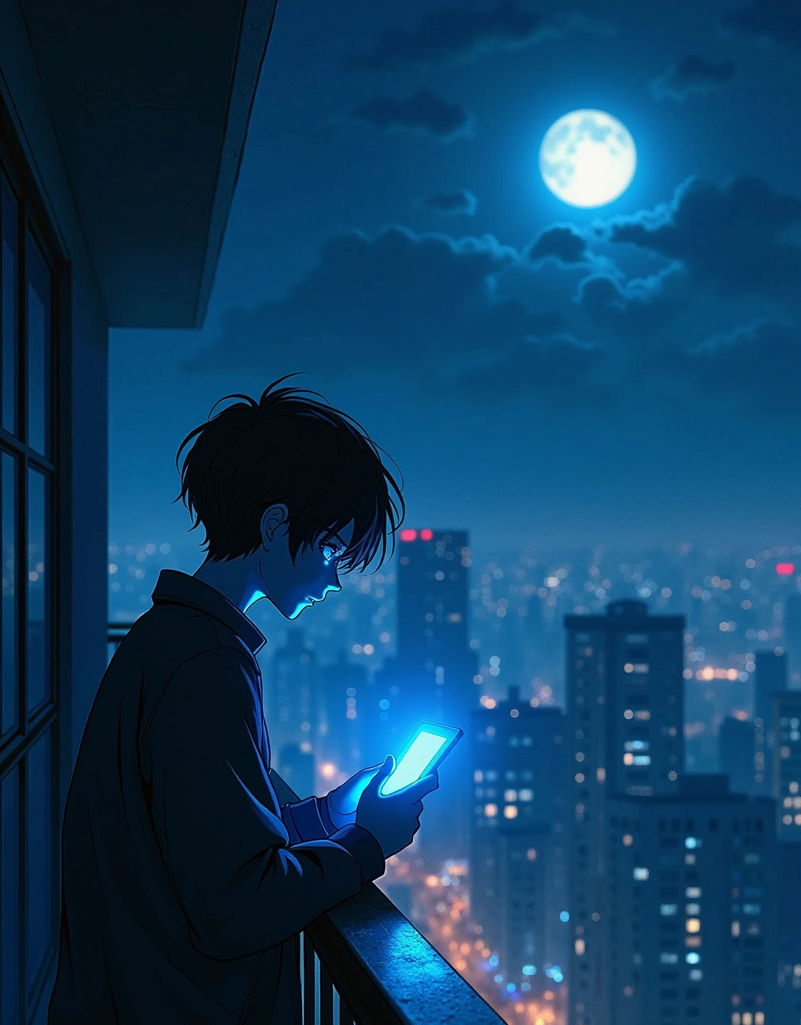 Create a anime landscape image. A chibi-style anime and comic book illustration featuring a melancholic male leaning over the balustrade of a dark, moonlit balcony. The male is with a sleek, futuristic smartphone – its illuminated screen casting blue light onto his disheartened face as he remains lost in thought. A faint mist hangs over the cityscape below, lending a somber atmosphere stacked with anxiety, sorrow, and the subtle remnants of romance. The symphony of sympathetic links webbing this illustrated tale through vibrant ink accentuated by prismatic glass shatter effects makes for a provocative scene.