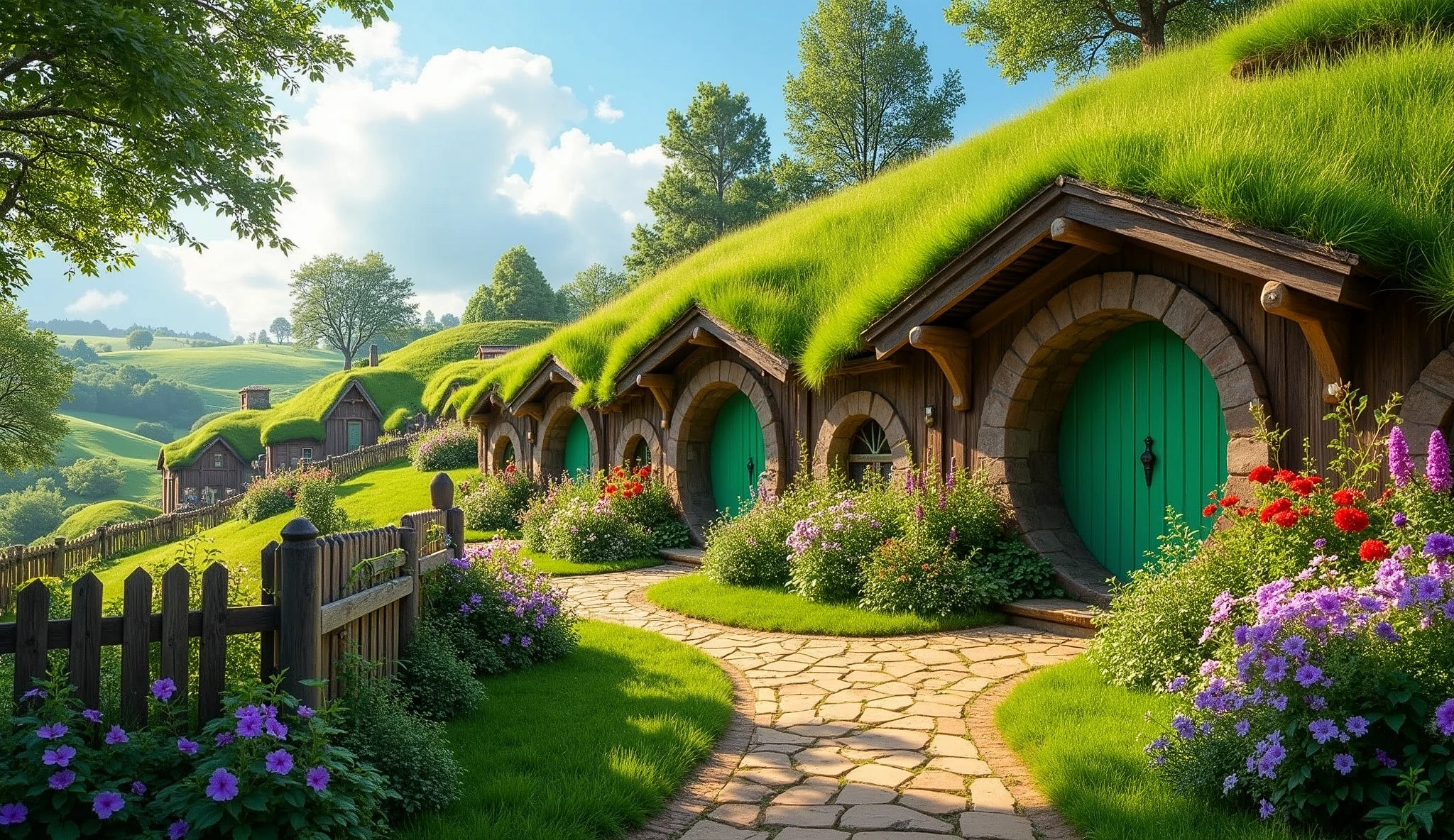 hobbit village, (homes built into the side of a hill, round doors), fences around homes, pig pens, gardens, flowers near door