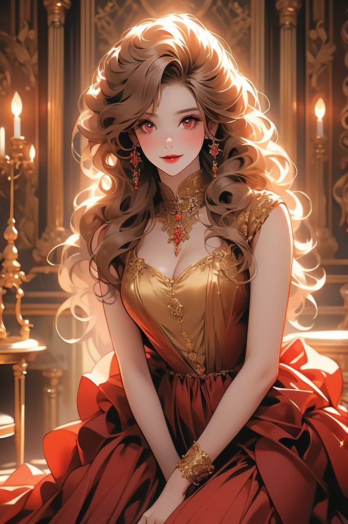 1girl, golden curly hair, kneeling before user, vampire, opulent dress, red eyes, smiling, victorian style room