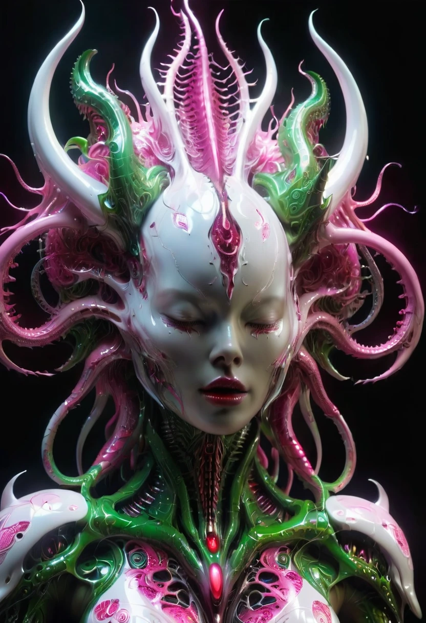 (best quality,4k,8k,highres,masterpiece:1.2), ultra-detailed, (realistic,photorealistic,photo-realistic:1.37), (((There is a female genital-like organ on her head:1.7))), (There's a pussy on her forehead]1.3), 1 creature, otherworldly, Lovecraftian, chitinous skin, bioluminescent patterns, somber color palette, eerie lighting.(NSFW:1.4), white, pink, green, very sharp long red claws, (She has bioluminescent all over her body:1.3), erotic, (NSFW:1.5), fractal, tangle, entangle, zentangle, destroyed anatomy, (extremely thin waist:1.2), ferocious predator,