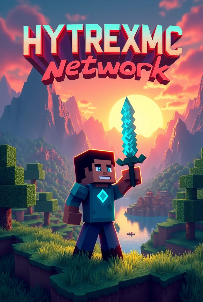 Make me a banner that shows a background of a minecraft server and says Hytrexmc Network and in the lower right corner put store.hytrexmc.net and in the lower left corner hytrexmc.net