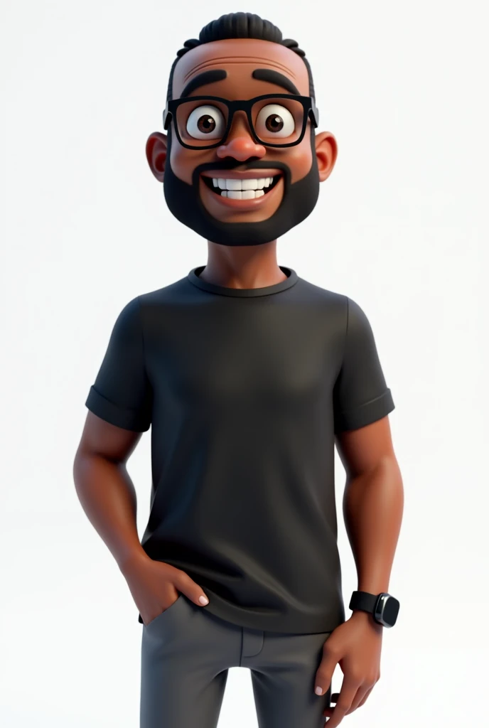 Create a full-body stylized 3D cartoon character of a middle-aged black man, designed with the following detailed specifications: 1. Estilo de Renderização Estilo: The character should be rendered in a 'Pixar-like' or '3D Cartoon' style, resembling high-quality animation. Motor de Renderização: Use 'Arnold Maya' or 'Keyshot Toon' render engines to ensure the desired quality. Detalhamento: Ensure the rendering is of 'high quality' with 'detailed textures', 'detailed skin', a 'clay-like finish', and incorporate 'bokeh effects'. 2. Resolução Resolução: Set the resolution to '8K' (7680x4320 pixels). If this is not available, select the highest resolution possible. 3. Configurações de Iluminação e Câmera Iluminação: Choose a 'cinematic' lighting setup with soft, diffused light to enhance skin details and textures. Foco: Set to 'sharp focus', ensuring the character is fully in focus. Apply 'bokeh effects' if there’s any background (though the background should be transparent). Câmera: Position the camera at a 'frontal angle', centered to capture the character’s face and full body. 4. Posicionamento do Personagem Plano de Fundo: Select a 'transparent background' or 'no background' to ensure the character is isolated. Personagem Completo: Display the character in full body, making sure all details are clearly visible. 5. Expressão Facial e Detalhes Físicos Expressão: Configure the character's expression to be 'friendly but without a smile'. Cabelo e Barba: Set the hair to be 'very short, without a topknot', and the beard to be 'trimmed and sparse, with white hairs on the chin'. Rugas: Add 'two prominent vertical wrinkles' on the forehead between the eyebrows. Tom de Pele: Choose a 'dark brown skin tone with a warm undertone'. Óculos e Roupa: Equip the character with 'modern black reading glasses', an 'oversized black t-shirt', and 'dark gray pants without a belt'. 6. Acessórios Relógio: Include only a 'black smartwatch' on the character's wrist.