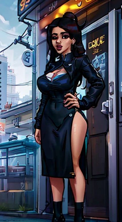 Appearance々Beautiful voluptuous and cute girl, hip-hop artists, korean idol, dark street clothes., gothic trap-rap style, neon windows , Neon Advertising, full body bottom, album cover photo, natta, Infinitely tall residential buildings, china