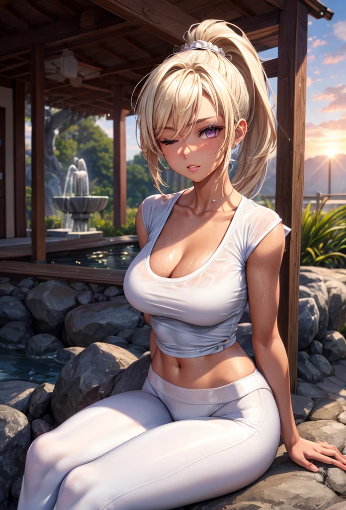 blonde woman, long ponytail mohawk haircut, mohawk, he is 19 years old, brown tanned skin, she is a very beautiful woman, too tanned, europea, perfect features, symmetrical face, purple eyes, very narrow waist, very slim and toned body, symmetrical body, 8K quality photo, suggestive lips, ((white yoga pants)), big breasts, slim and toned legs, HdR, real photography, Professional photography, her skin is beautiful, full and suggestive lips, pink lips, She is an extremely beautiful woman that you can stop looking at, suggestive look, she is the most beautiful woman in the world, his skin is sweaty, wet skin, standing in front of the camera, (((white top t-shirt))), Hands behind the back, in a zen garden for meditation, at sunset, zen water fountain, Cleavage Bulge, relaxed look, pose facing the camera sitting in lotus position with your eyes closed