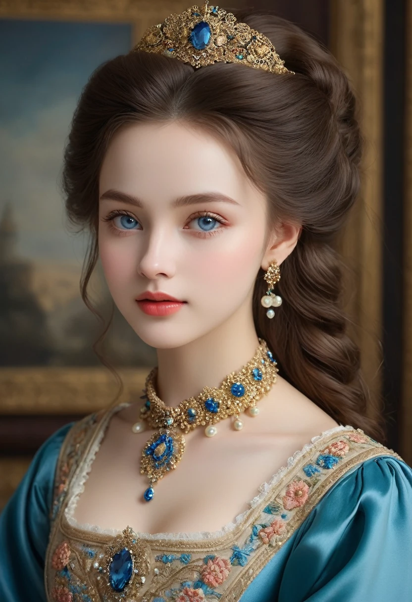 (high resolution,masterpiece:1.2),(Practical:1.37)"(best quality, high resolution, Extremely detailed, Practical),portrait,,Pastel,personalized masterpiece,18th century,Russian,Noble,girl,Noble Daughter,,Extremely beautiful,Face,Has dark blue eyes,Delicate nose,Sweet lips,Porcelain skin,红扑扑的Face,Flowing long hair,Slender and graceful neck,Silk dress,Elegant Posture,Fine Jewelry,Embroidered lace collar,Grand Background,Rich interior,Faint golden light