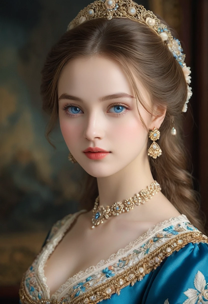 (high resolution,masterpiece:1.2),(Practical:1.37)"(best quality, high resolution, Extremely detailed, Practical),portrait,,Pastel,personalized masterpiece,18th century,Russian,Noble,girl,Noble Daughter,,Extremely beautiful,Face,Has dark blue eyes,Delicate nose,Sweet lips,Porcelain skin,红扑扑的Face,Flowing long hair,Slender and graceful neck,Silk dress,Elegant Posture,Fine Jewelry,Embroidered lace collar,Grand Background,Rich interior,Faint golden light