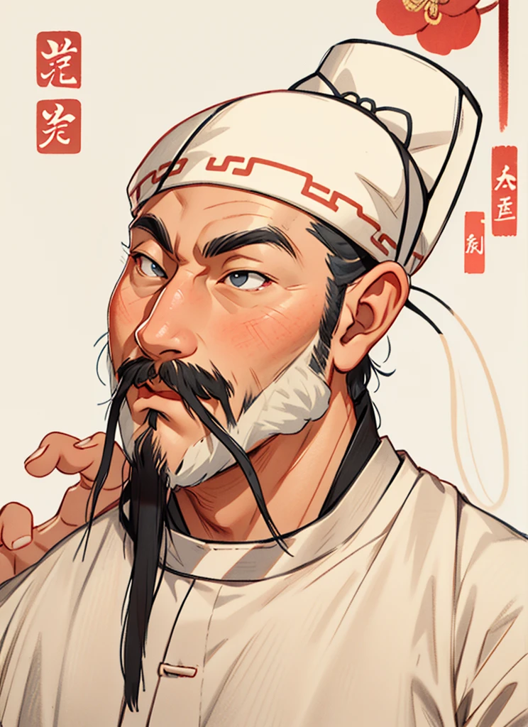 HD, (The finest details), (best quality), Disney, Li Bai，Ancient Chinese poet，1boy，Male focus，solo，Facial hair，hat，traditional media，Black Hair，Moustache，beard，Black headdress，Japanese Clothing，Upper body