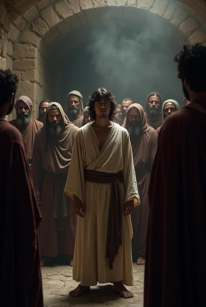 peter (biblical character) being cowardly in the face of the men who ask him if he knows Jesus, and he says he doesn't know.
a feição de peter, It's very scary, peter é jovem nesse contexto, medium-haired, cerca de 1,70m.
 and the men's expression is evil.