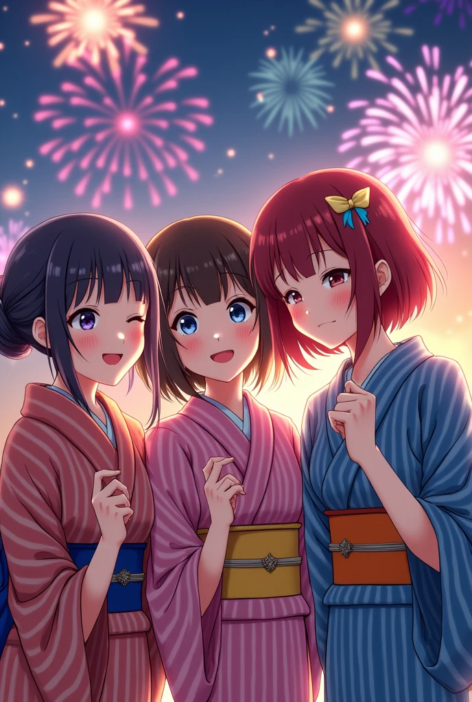 (masterpiece:1.05), (best quality:1.05),1girl,room, 3 girls, best quality, super high resolution, short hair, brown hair, brown eyes, kimono, looking at the viewer, night, fireworks,