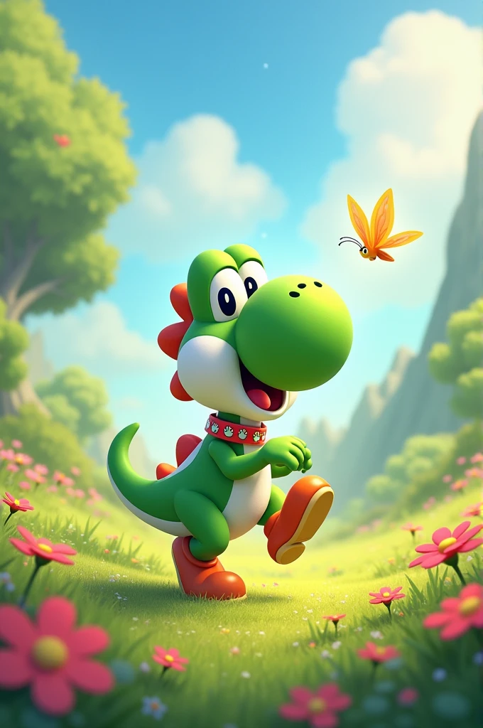 a yoshi in a serene forest,greenery,nature,beautiful detailed eyes,long tongue,fuzzy skin,peaceful expression,nature's balance,playful disposition,medium:oil painting,ultra-detailed,realistic colors,soft lighting