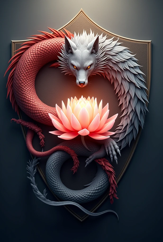 Design: A shield shape with a dragon and wolf intertwined around a central lotus. The dragon and wolf could be stylized to form a protective border around the lotus, symbolizing strength and unity.
Color: Deep crimson and silver to convey power and elegance.
Style: Dynamic and majestic, reflecting the fierce yet graceful nature of the dragon and wolf alongside the purity of the lotus.