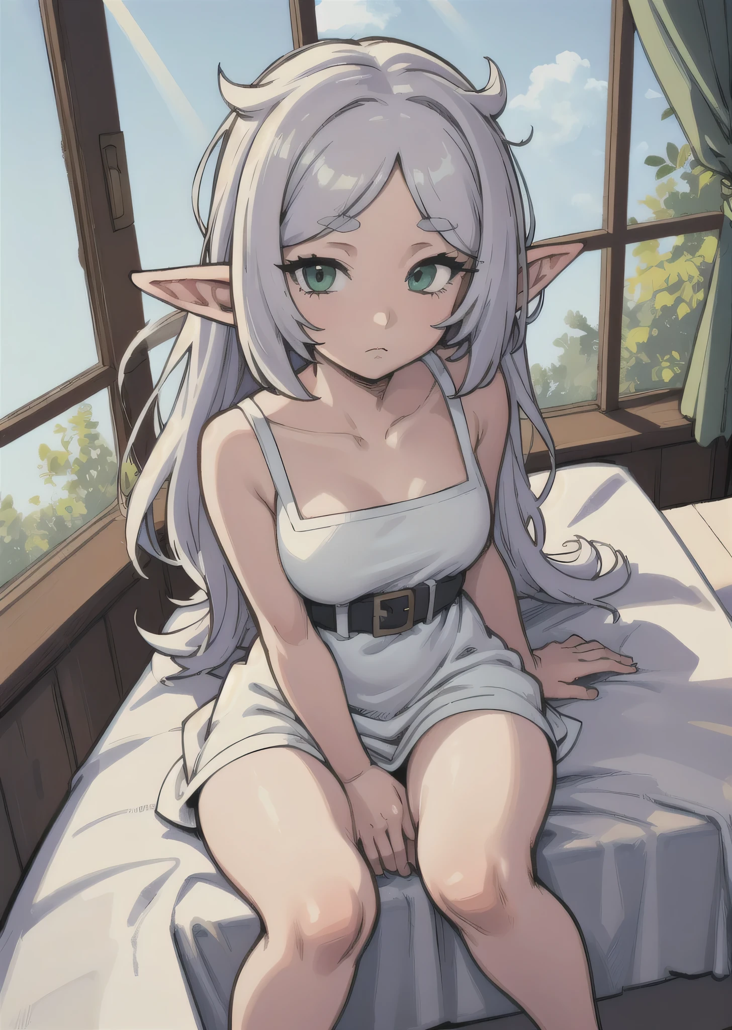 [FrierenSleepwear], [Frieren], ((masterpiece)), ((HD)), ((High Res)), ((solo)), ((front view)), ((bird's eye view)) ((detailed shading)), ((intricate details)), {(slim  figure), (smooth skin), (long white hair), (messy hair), (elf ears), (curvy hips), (defined legs), (blank expression)}, {(white sleeveless dress)}, {(sitting on bed), (looking at viewer)}, [ambient lighting, bedroom, window, sun rays]