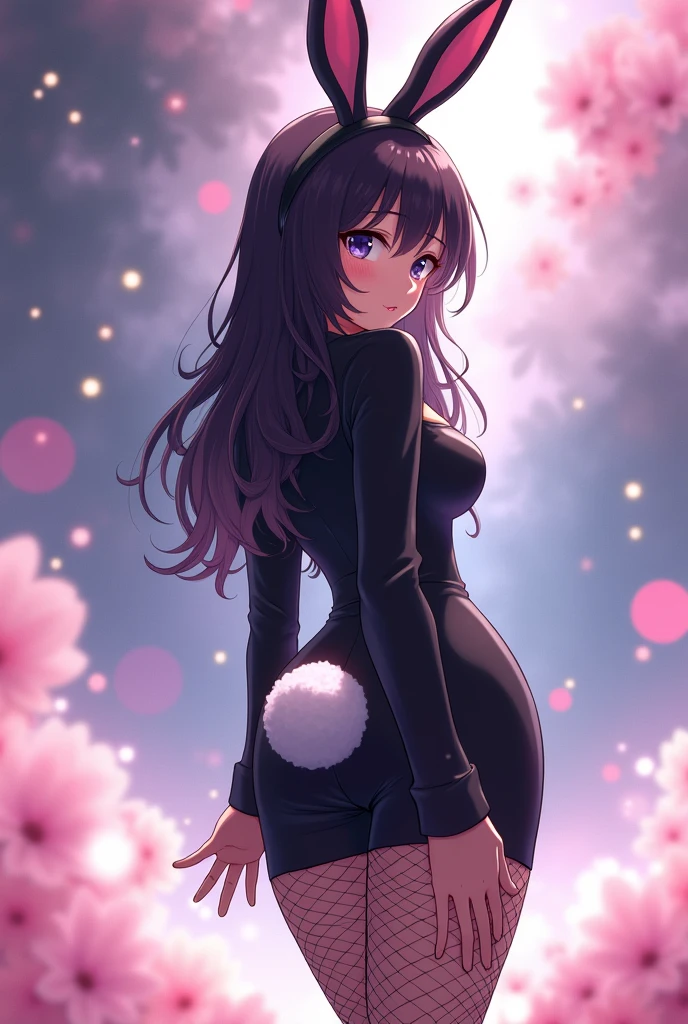 ANIME GIRL, THE PICTURE FROM BEHIND SHE IS showing her BIGG SIZE ass BENDING OWER to the camera   Bunny Ears and Headwear:
Bunny Ears: The most prominent feature of this look is her tall, black bunny ears. These ears are made of a glossy, shiny material, likely faux leather or satin, giving them a sleek and polished appearance. The bunny ears are long and pointed, standing upright and adding significant height to her overall appearance. They are securely attached to a black headband, blending seamlessly with her dark hair.
Headband: The black headband that holds the bunny ears is subtle and fits snugly around her head, without interrupting her sleek hairstyle. It blends into her hair, making the focus entirely on the striking bunny ears.
Outfit Details:
Bunny Suit: Mai wears a classic, form-fitting bunny suit that is jet black and made from a glossy, satin-like material. The suit hugs her figure closely, emphasizing her slender yet curvaceous body. It has a strapless, sweetheart neckline that accentuates her collarbones and shoulders, while the black color contrasts beautifully against her pale skin.

Bodice: The bodice of the suit is tight and structured, often giving the impression of being almost corset-like in its design, helping to create an hourglass shape. The material is smooth and shiny, giving her an elegant, almost glamorous vibe, despite the boldness of the outfit.
Tail: Attached to the back of the suit is a small, fluffy white bunny tail. This small detail adds a playful, whimsical touch to the otherwise sleek and daring outfit.
Stockings and Footwear:
Fishnet Stockings: Complementing the bunny suit, Mai wears black fishnet stockings. These stockings add texture to the outfit, contrasting the glossy material of the bodysuit. The fishnet pattern gives the outfit a slightly provocative edge, balancing the playful and mature elements of the look.

Shoes: Mai completes the outfit with a pair of black high-heeled pumps. The shoes are simple but elegant, with