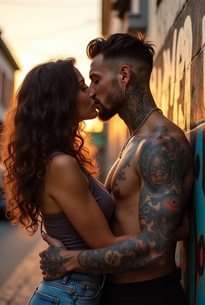 Brunette woman with curly hair kissing a tattooed man with a low fade and a shirt