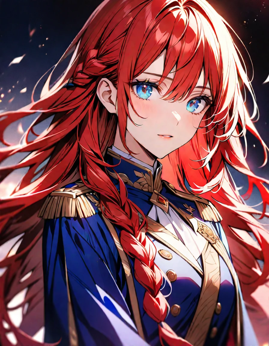 (Highest quality), (Very detailed),so beautiful, female, red hair, detailed blue eyes, handsome, noble uniform, beautiful detailed eyes, long hair, half braided hair