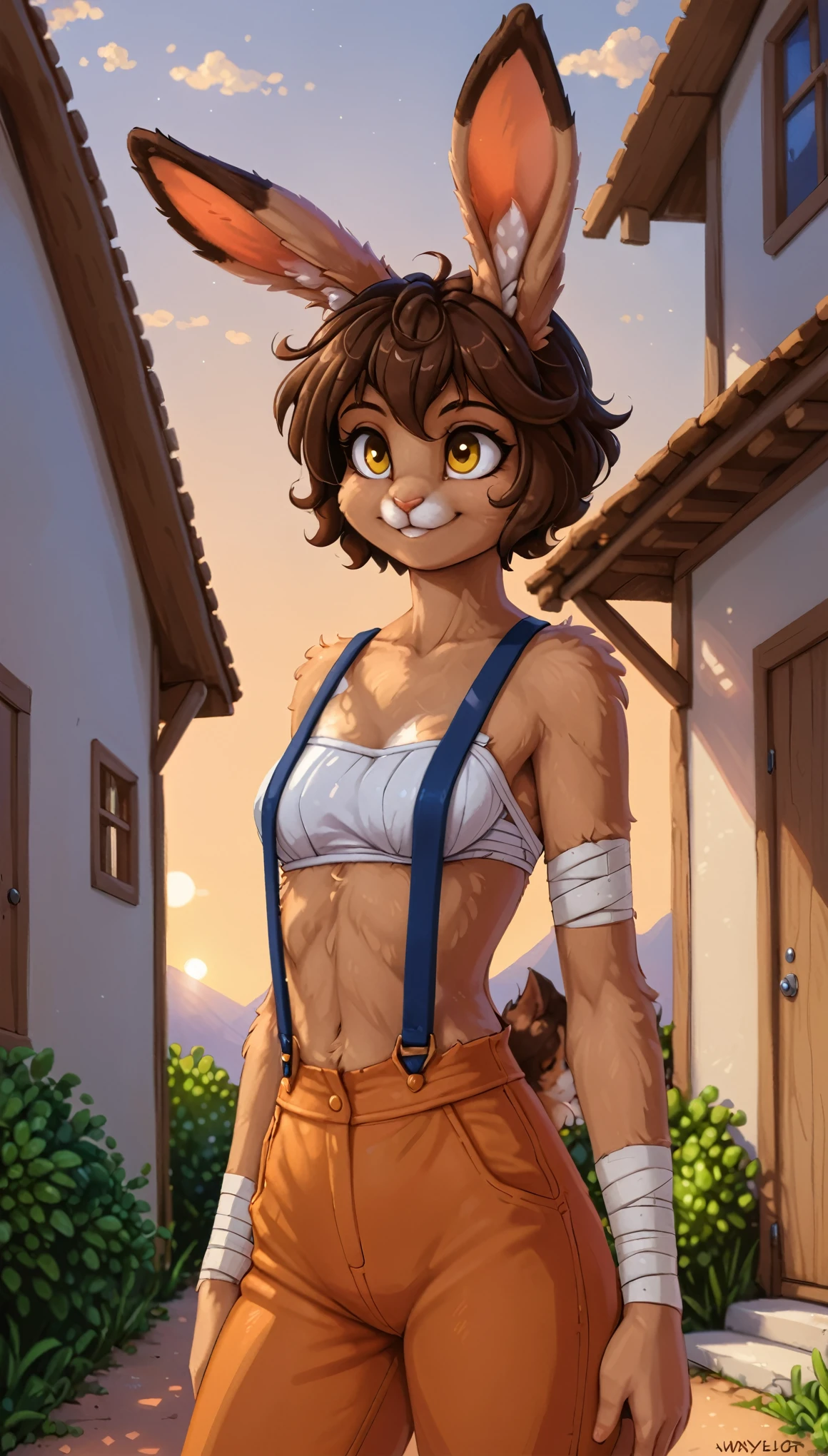 front view, best quality,  wide shot, 

Bilac, 1girl, furry, rabbit girl, animal nose, rabbit ears, brown fur, body fur, short hair, yellow eyes, brown hair, bandages, orange pants, puffy pants, suspenders, standing, smile, simple background, looking away, upper body 

[by Alex Timmermans:by jaynaylor:0.25],
detailed background, detailed foreground, depth of field, ambient silhouette, backlighting,

