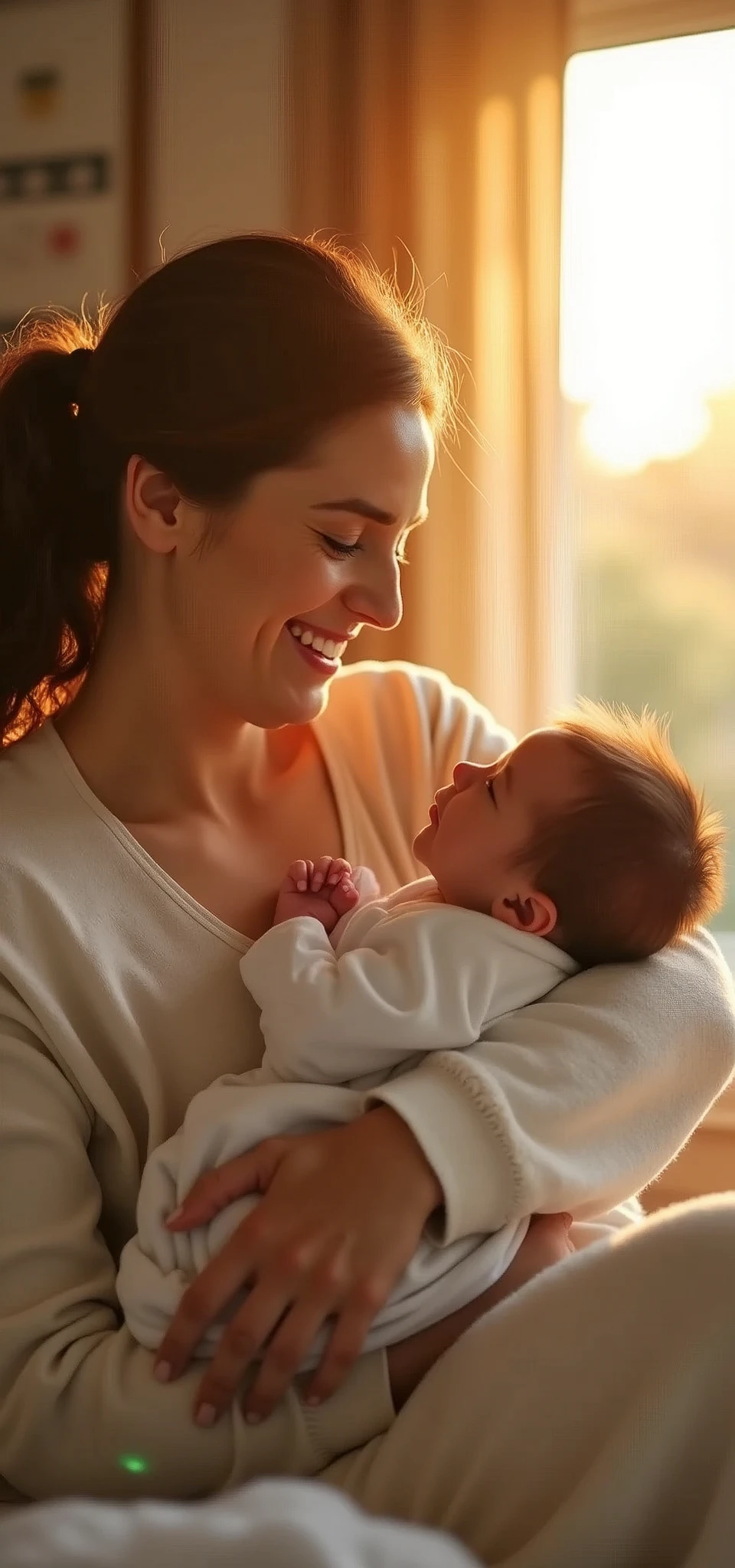 An ultra-realistic and highly detailed image of a very happy mother holding a  in her comforting arms. She is in her home. The scene is set at sunset, with warm, golden light filtering through the windows. The mother is wearing light-colored clothing, and the baby is wrapped in a soft, white blanket. The image captures the pure joy and love in the mother's expression. The scene is captured with a Sony A7R IV paired with a 50mm f/1.4 GM lens, ensuring stunning clarity and rich details. The aspect ratio is 9:19, emphasizing the vertical composition 