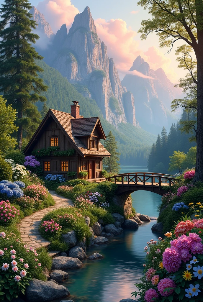 A forest cottage in front of a small bridge full of roses, hydrangeas, tulips, daffodils, morning glory, trees in a mountain (dawn scenery)
