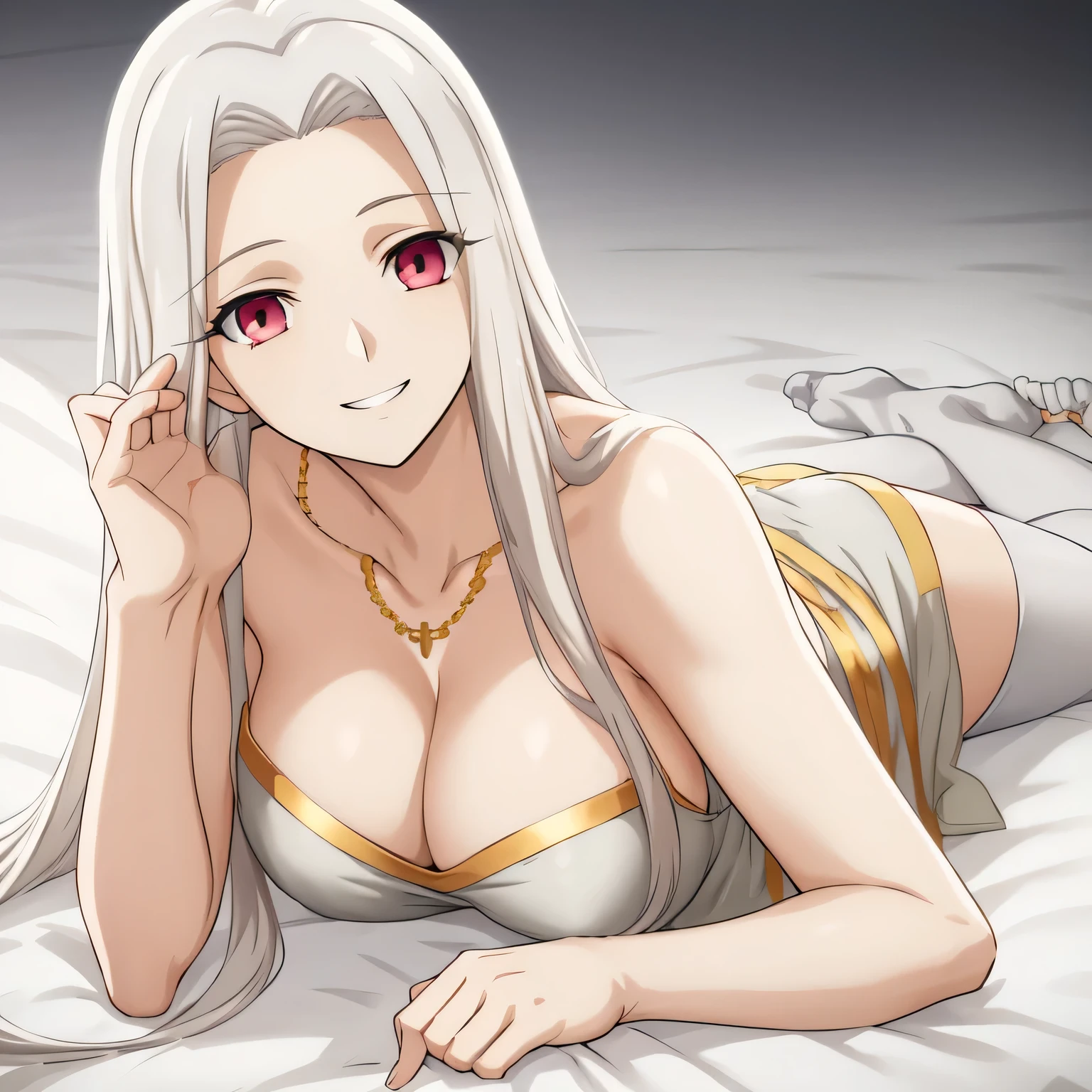 Irisviel,gray with golden dress sleeveless,solo,looking at viewer,beautiful smile,arm at side,middle size of breast,beautiful necklace,hands up with laughs,lying down in bed,lying in her back 