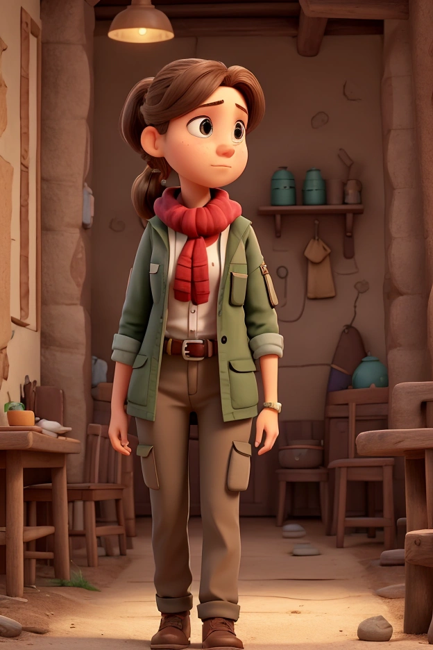 "Create a 3D Pixar-style image of a woman named Dr. Clara Müller, a historian and expert in local cultures, exploring an abandoned village in Germany's Black Forest.
- **Appearance:**
- **Age:** A young adult (in her twenties or early thirties).
- **Face:** Serious and focused expression, with fine features and a determined attitude.
- **Hair:** Light brown, tied back in a practical ponytail for exploring.
- **Clothing:** Functional hiking outfit: a dark green waterproof jacket, grey cargo pants, and brown hiking boots. Include a sturdy backpack and a scarf or hiking hat.
- **Accessories:** A camera slung over her shoulder, a notebook held in one hand, a flashlight clipped to her belt, and a GPS in a pocket of her backpack.
- **Environment:**
- **Location:** The abandoned village, with well-maintained houses but a mysterious and slightly disheveled appearance. Tables with meals still set and personal items scattered around should be visible in the background.
- **Atmosphere:** The mood should be both intriguing and slightly eerie. The lighting should be soft, creating shadows to enhance the mystery.
- **Style:**
- **Visuals:** 3D Pixar-style, with vibrant colors and a stylized rendering. The character should be expressive, and the environment should evoke a sense of mystery and exploration."