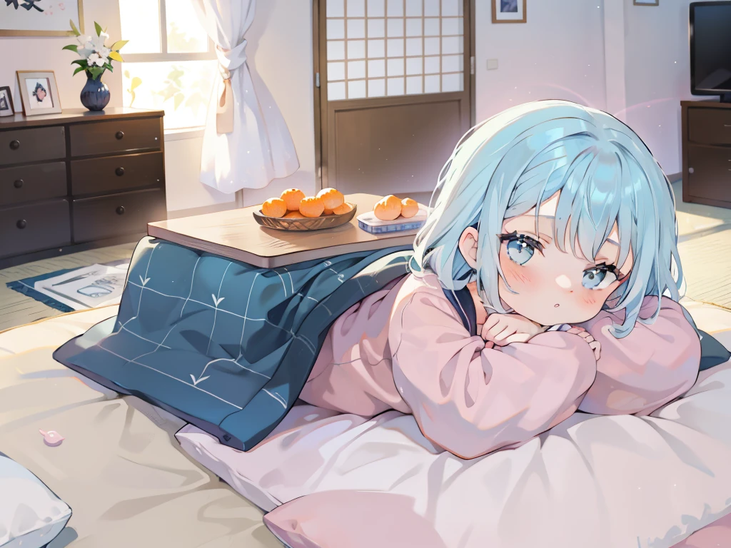 1 girl in, ((ちび))、sleep、Kotatsu, The table, sleepeace, down face, Light blue hair, Winters, Upper body,mikan, reflective light,, Ultras_Detailed:1.2