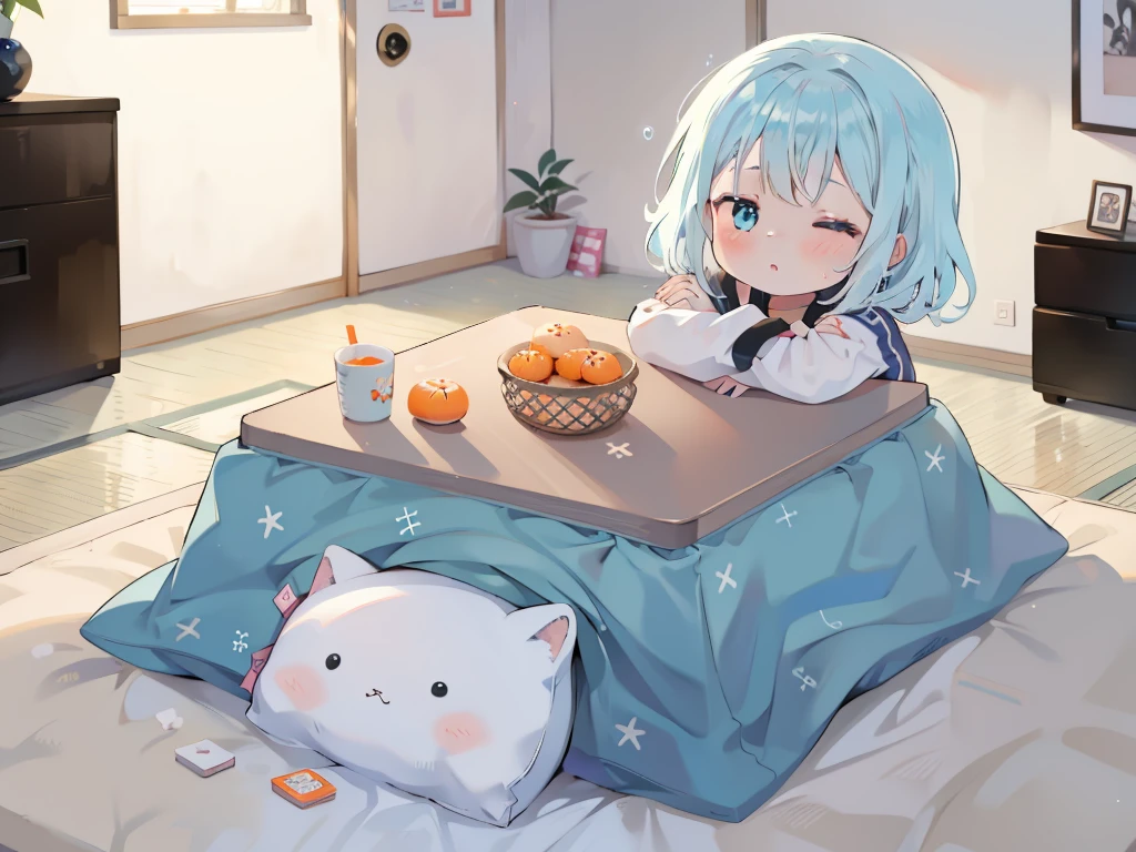 1 girl in, ((ちび))、sleep、Kotatsu, The table, sleepeace, down face, Light blue hair, Winters, Upper body,mikan, reflective light,, Ultras_Detailed:1.2