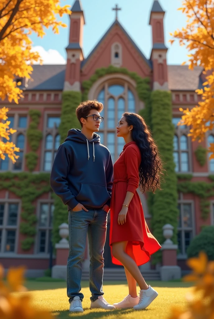 Imagine adult 1 boy and 1 girl standing in front of Dream College 