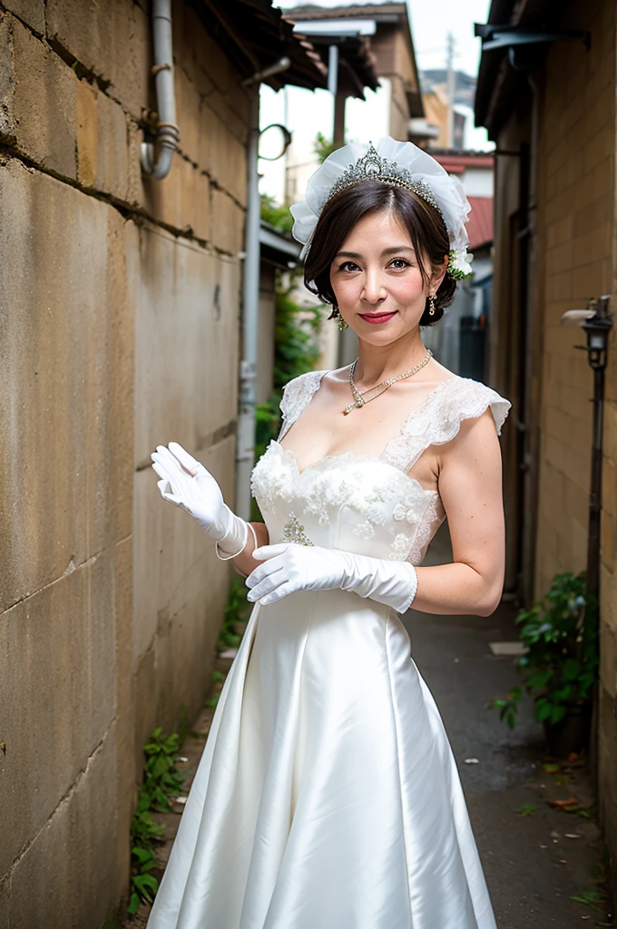 ((Masterpiece)), ((Best Quality)), A middle-aged short-hair woman, ((She is wearing an ornamental white satin wedding dress)), She is wearing gloves on her hands., outdoor, She is in a back alley. She is wearing a big necklace.