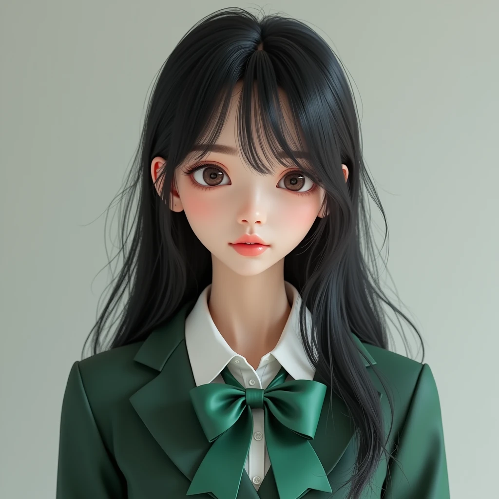 Asian
Beautiful girl
Side-swept bangs
High school student
High school uniform
The uniform ribbon is a large green
Selfie
3D
Black hair
Long hair, smooth hair, messy, high quality, high quality, live-action, natural impression, realism