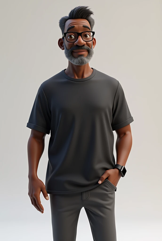 Create a full-body stylized 3D cartoon character of a middle-aged black man, designed with the following detailed specifications: 1. Estilo de Renderização Estilo: The character should be rendered in a 'Pixar-like' or '3D Cartoon' style, resembling high-quality animation. Motor de Renderização: Use 'Arnold Maya' or 'Keyshot Toon' render engines to ensure the desired quality. Detalhamento: Ensure the rendering is of 'high quality' with 'detailed textures', 'detailed skin', a 'clay-like finish', and incorporate 'bokeh effects'. 2. Resolução Resolução: Set the resolution to '8K' (7680x4320 pixels). If this is not available, select the highest resolution possible. 3. Configurações de Iluminação e Câmera Iluminação: Choose a 'cinematic' lighting setup with soft, diffused light to enhance skin details and textures. Foco: Set to 'sharp focus', ensuring the character is fully in focus. Apply 'bokeh effects' if there’s any background (though the background should be transparent). Câmera: Position the camera at a 'frontal angle', centered to capture the character’s face and full body. 4. Posicionamento do Personagem Plano de Fundo: Select a 'transparent background' or 'no background' to ensure the character is isolated. Personagem Completo: Display the character in full body, making sure all details are clearly visible. 5. Expressão Facial e Detalhes Físicos Expressão: Configure the character's expression to be 'friendly but without a smile'. Cabelo e Barba: Set the hair to be 'very short, without a topknot', and the beard to be 'trimmed and sparse, with white hairs on the chin'. Rugas: Add 'two prominent vertical wrinkles' on the forehead between the eyebrows. Tom de Pele: Choose a 'dark brown skin tone with a warm undertone'. Óculos e Roupa: Equip the character with 'modern black reading glasses', an 'oversized black t-shirt', and 'dark gray pants without a belt'. 6. Acessórios Relógio: Include only a 'black smartwatch' on the character's wrist.