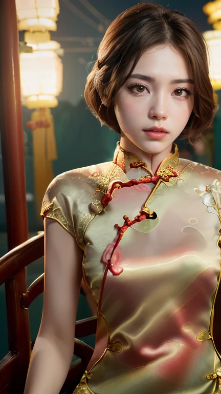 ((Highest quality, 8k, masterpiece :1.3)), (Sharp focus :1.2, Beautiful woman with perfect figure:1.4, Slim Abs:1.2), (looking at camera), cute middle size breasts, cleavage, (Photorealistic:1.4), (realistic:1.4), (Short Hair, Light brown hair:1.5), Highly detailed beautiful face and skin texture, Fine grain, (very cute face , double eyelid, detailed big eyes), natural makeup, A little bit of lipstick, sex appeal, sitting with Sexy gravure pose, (A beautiful woman in elegant cheongsam:1.8), sweaty body:1.2, (facial expression is big smile), ((on the street at night of Shanghai city)) 