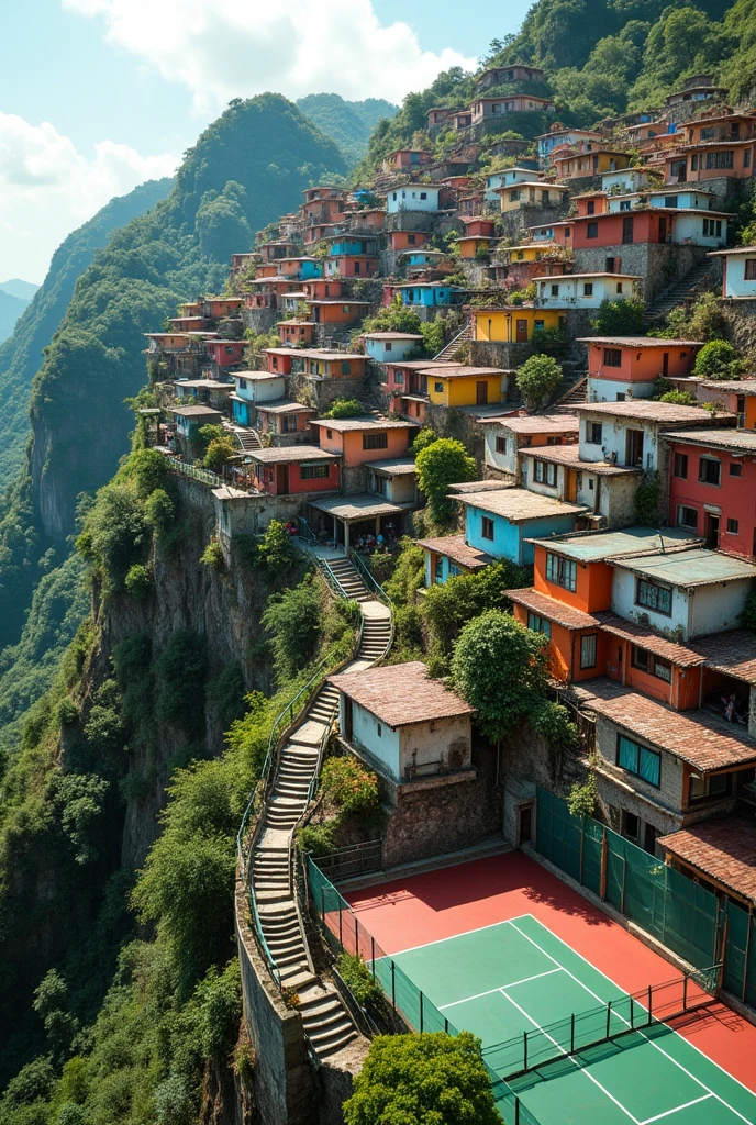 A drawing of a favela on a hillside, with simple housing and details such as exposed electrical wires, narrow stairs and open ditches. from beside, a luxury condominium with bars, ornamental plants, and a tennis court.