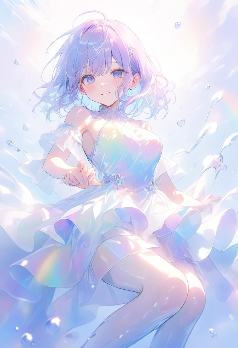 (Super detailed, 8K, best quality, ultra detailed, masterpiece), underwater, A lot of bubbles, Paleblue-blue gradient coloed water, nice, bright, Light shines through the water, Beautiful and mysterious lady with a sweet smile, holding thighs,  pointing right toe up, drifting on her back of underwater, The girl is tall and medium bust,sparkling dark blue eyes, Her long rainbow-colored hime-cut hair is flowing, a dress made of many layers of fabric, shiny glossy iridescent clothes, shiny reflective clothes, pastel, lens Flare, soft gradient　