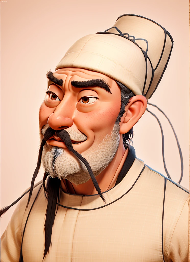 HD, (The finest details), (best quality), Disney, Li Bai，Ancient Chinese poet，1boy，Male focus，solo，Facial hair，hat，traditional media，Black Hair，Moustache，beard，Black headdress，Japanese Clothing，Upper body